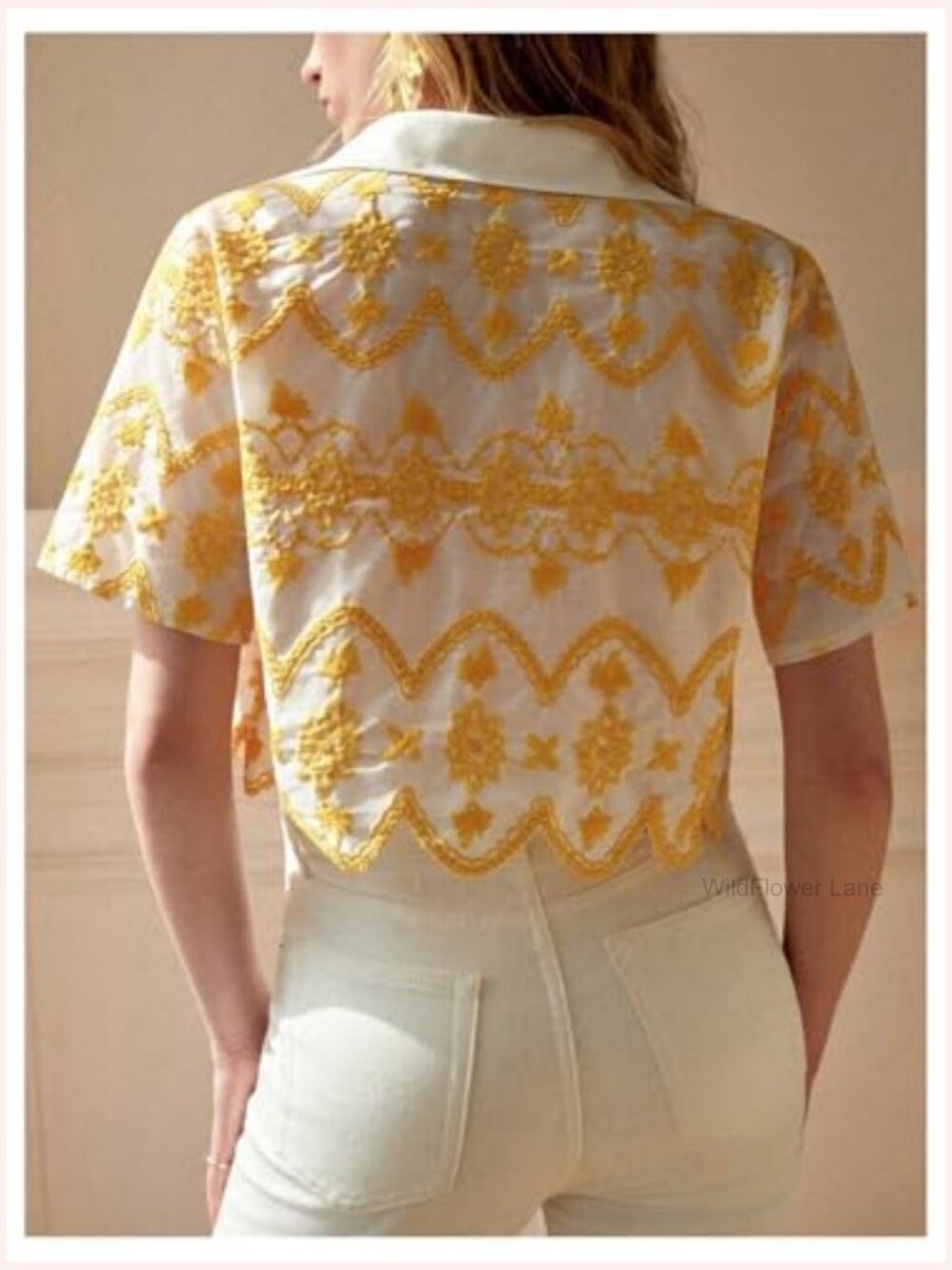 Short Sleeve Button Down Crop Blouse with Floral Embroidery - Picture 2 of 6